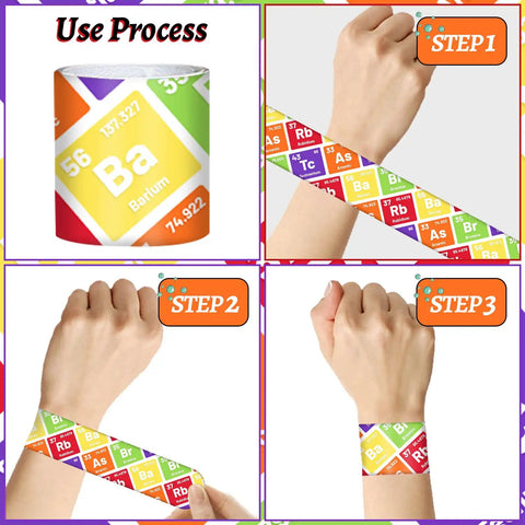 48 Piece Epic Science Slap Bracelets Party Favors Set For Science Week Classroom Fun Chemistry Biology Physics Lab Decor And Rewards For Teachers And Students Gifts For Classrooms And Science Labs showing use process in three steps on wrist