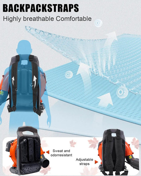 Gas Powered Backpack Leaf Blower With 550 CFM And 230 MPH Airflow, 52cc Engine, showing breathable, comfortable straps