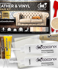Leather And Vinyl Repair Kit DIY Friendly For Home And Car Seats And Jackets Fix Tears Holes Scratches And Peeling With Easy Application And Custom Color Matching, including color matching dyes, repair compounds, and tools shown with packaging.