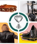 Level Up Your Look With These Top Shelf 30 Piece Heart Shaped Metal Stud Rivets 10Mm Screw Back Embellishments Ideal For Leather Gear Bags And Clothing DIY Projects Silver displayed with leather jacket, shoes, and collar.