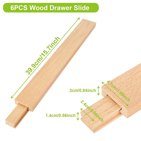 Rock Solid Beech Wood Drawer Slides Center Mount Cabinet Hardware Includes Six Piece Set showing dimensions and smooth finish