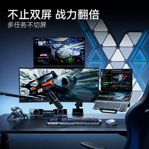 Adjustable Dual Monitor Mount Vertical Desk Arm Upgrade Your Workspace Game Slick Swivel Base For Smooth Positioning with two screens on desk.