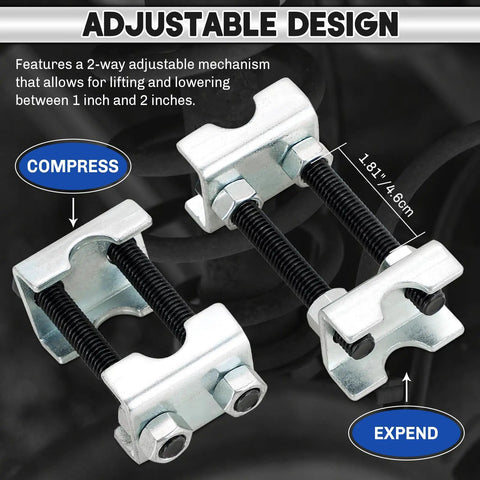 Heavy Duty 4 Pack Coil Spring Spacers With Two Way Adjustable Setup To Custom Lift Or Lower Your Truck Stance Using Built Tough Rust Free Carbon Steel. Adjustable mechanism for precise lift from 1 to 2 inches.