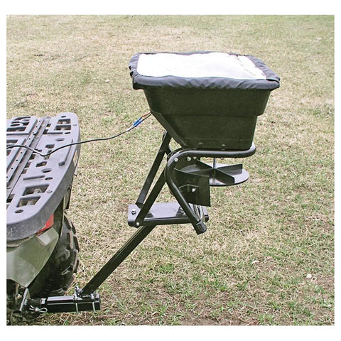 UTV And ATV Receiver Mount Broadcast Spreader Seeder For Easy Lawn And Garden Seeding 80 Pound Capacity 12 Volt Power Quick Install Harness Rain Cover Included mounted on vehicle