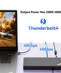 Rock Solid Thunderbolt 4 Docking Station For Laptops Drives Four 4K Monitors With Boss 230W Power Delivery connected to laptop.