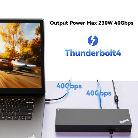 Rock Solid Thunderbolt 4 Docking Station For Laptops Drives Four 4K Monitors With Boss 230W Power Delivery connected to laptop.