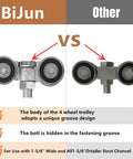 Comparison of BiJun Four Wheel Unistrut Trolley Assembly with unique groove design beside other trolley model.