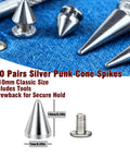 Badass Silver Cone Spikes And Screws Pack Of 120 Pairs For Jacket Belt Bag Shoe Decoration 7X10MM Screwback Rivets For DIY Leathercraft And Punk Clothing Accessories displayed with tools, highlighting sizes.