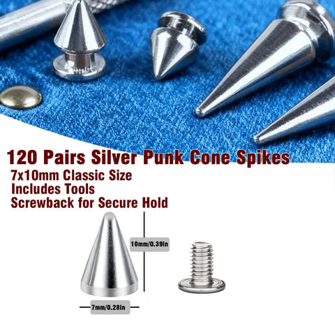 Badass Silver Cone Spikes And Screws Pack Of 120 Pairs For Jacket Belt Bag Shoe Decoration 7X10MM Screwback Rivets For DIY Leathercraft And Punk Clothing Accessories displayed with tools, highlighting sizes.