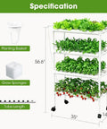 Space Saving Vertical Garden Tower With Wheels, 108 Plant Sites Aquaponics Kit showing green leafy vegetables on 4-tier PVC U pipes