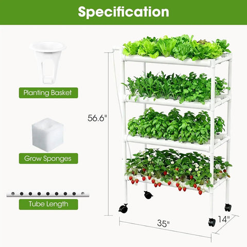 Space Saving Vertical Garden Tower With Wheels, 108 Plant Sites Aquaponics Kit showing green leafy vegetables on 4-tier PVC U pipes