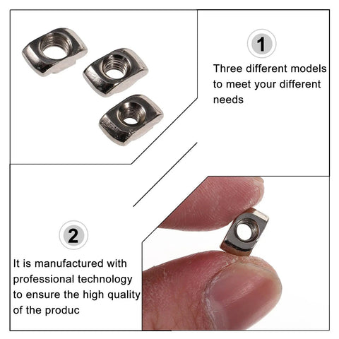 Three models of 180 Pc Rock Solid Hammer Head T Slot Nuts Fasteners for Aluminum Extrusion and Cabinet Framing.