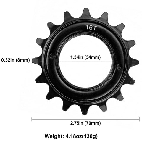 16T Single Speed Bicycle Freewheel Half By Eighth Inch Threaded Type Black Replacement Part with dimensions and weight shown