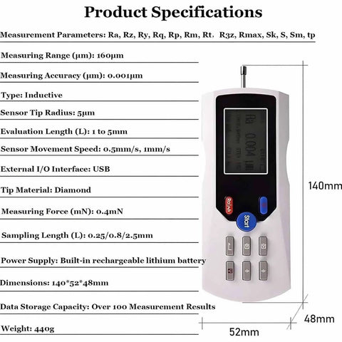 Product specifications for Rugged Metal Roughness Measuring Instrument Handheld Surfaces Roughness Tester With Thirteen Parameters 160 Micrometer Range And High Precision One Thousandth Micrometer For Accurate Roughness Detection, 140mm x 52mm.