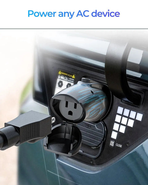 Road Tripping Got You Covered V2L Adapter Compatible With Hyundai Ioniq 5 And Ioniq 6 Plus Kia EV6, showing AC outlet adapter.