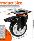 Heavy Duty Industrial Casters Set Of 4 With Locking Swivel Top Plate Wheels For Furniture And Workbench Carts, 3 Inch Diameter, Load Capacity Up To 1500 Lbs, Includes 2 Braked And 2 Unbraked Casters, front view with product size diagram