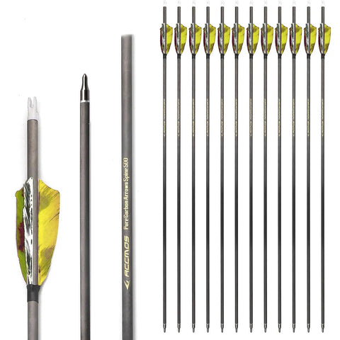 Six Piece 29 Inch 700 Spine Arrow Set With 100 Grain Removable Tips 3 Inch Turkey Feather Fletching Carbon Arrows For Traditional Longbow Recurve And Compound Bow Archery Gear For Target Practice And Hunting In Camo Yellow displayed in row