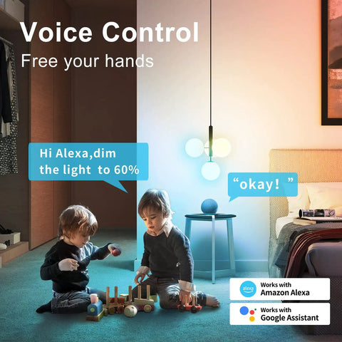 Children playing in a room with voice-controlled Alexa And Google Home WiFi Smart Light Bulb, dimmed to 60% with Tuya app support.