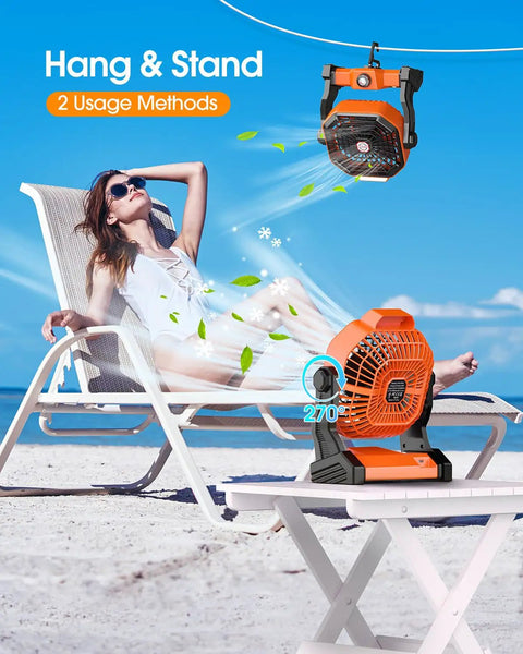Rechargeable Solar Camping Fan With LED Lantern on beach table, showing hanging and standing methods, 8-Inch portable outdoor fan.