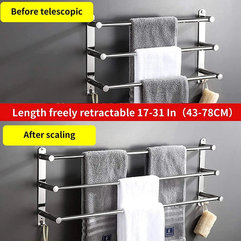 Retractable Towel Bar Rack In Stainless Steel 304, Adjustable 20-30 Inches, 3 Arm Bathroom Wall Organizer