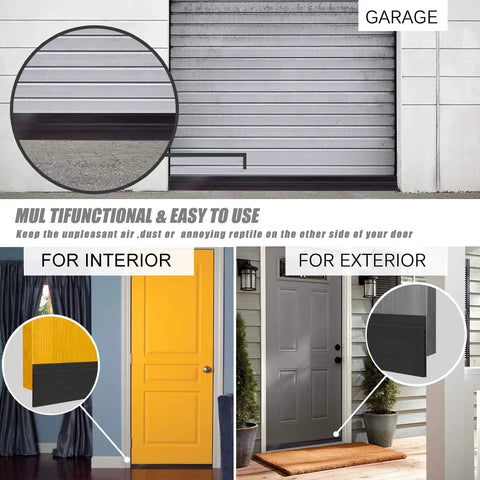 Door Draft Stopper for Large Gaps 3 Inch Wide Door Bottom Seal 37 Inch Long Fits Interior Exterior and Garage Doors showing installed views