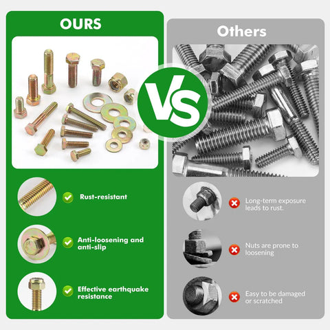 Comparison of Pro Grade 5 Zinc Hex Bolts With Nylon Lock Nuts And Large Flat Washers against standard bolts, showcasing superior quality.