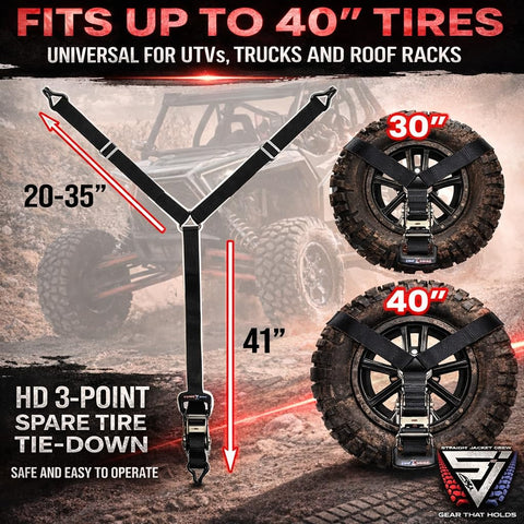 Heavy Duty Spare Tire Y Strap For UTV And Off Road Adventures, 3 Way Ratchet Tie Down, 1.6 Inch Wide Roof Rack Securement