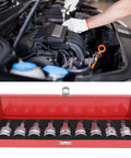 Pro Grade Three Quarter Inch Drive Impact Hex Driver Set Featuring Nine Piece Chrome Steel Construction Etched Size Markings And M16 Spline Bits Built Rig Ready For Fleet Mechanics And Shop Floors with hand using socket in engine bay.