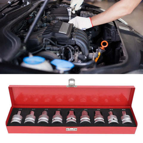 Pro Grade Three Quarter Inch Drive Impact Hex Driver Set Featuring Nine Piece Chrome Steel Construction Etched Size Markings And M16 Spline Bits Built Rig Ready For Fleet Mechanics And Shop Floors with hand using socket in engine bay.