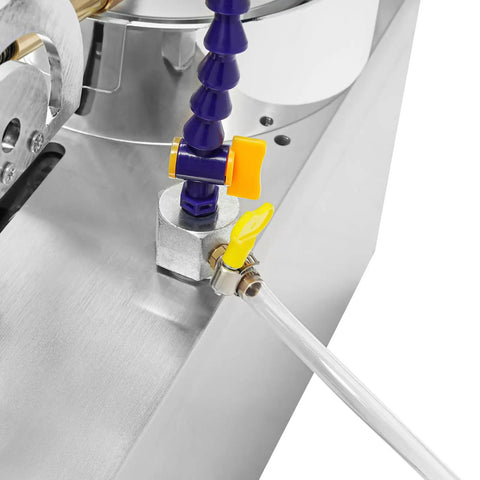 Close-up of pump and mechanical handle on the Pro Grade Faceting Machine With Beast Power 180W Jade Grinding Polisher, 0-3000 RPM Adjustable Speed, Lapidary Jewelry Polisher For Jade Rocks, Angled Polish Grinder With Mechanical Handle And Pump.