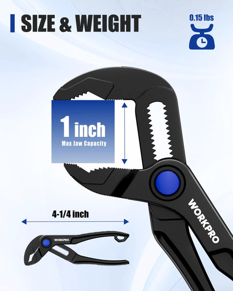 Tiny But Mighty 4 Inch Water Pump Pliers With 15 Position Push Lock V Jaw Groove Joint Pliers close-up showing size dimensions