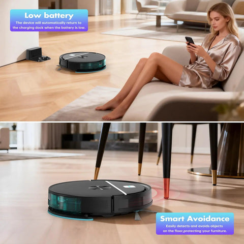 Robot Vacuum And Mop Combo With 3500Pa Suction, Kickass WiFi App Control And Remote under sofa and near charging dock