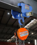Manual Trolley For I Beam 2200 Lb Capacity, 1 Ton Load, dual wheel, heavy-duty alloy steel, installed on I-beam in warehouse