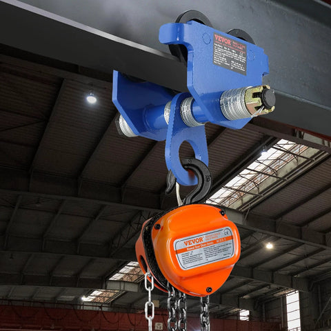 Manual Trolley For I Beam 2200 Lb Capacity, 1 Ton Load, dual wheel, heavy-duty alloy steel, installed on I-beam in warehouse