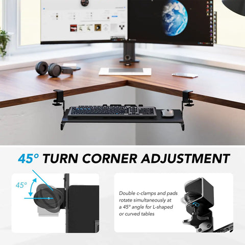 Under Desk Keyboard Tray Pull Out With Sturdy Adjustable C Clamp Mount System 32.5 Inch Clamp Span 27.3 Inch Platform