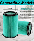 2 Pack VF6000 Five Layer Pleated Vacuum Filter Replacement For Wet Dry Vacuums 5 To 20 Gallon Fit Husky 6 To 9 Gallon Craftsman And Shop Vac Compatible High Efficiency Replacement Filters with dimensions and compatible models shown