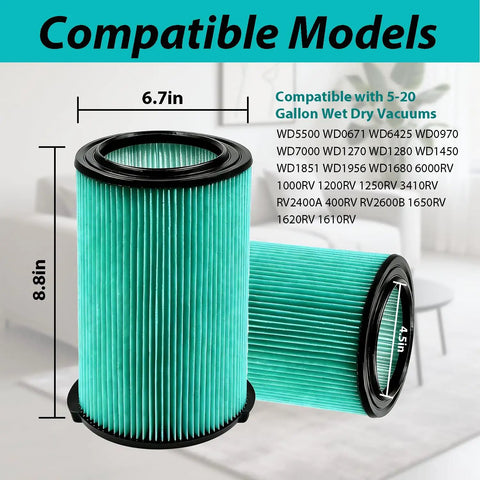 2 Pack VF6000 Five Layer Pleated Vacuum Filter Replacement For Wet Dry Vacuums 5 To 20 Gallon Fit Husky 6 To 9 Gallon Craftsman And Shop Vac Compatible High Efficiency Replacement Filters with dimensions and compatible models shown