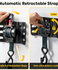 Automatic Retractable Strap showing handle pull retraction and one-click button lock for secure cargo handling.