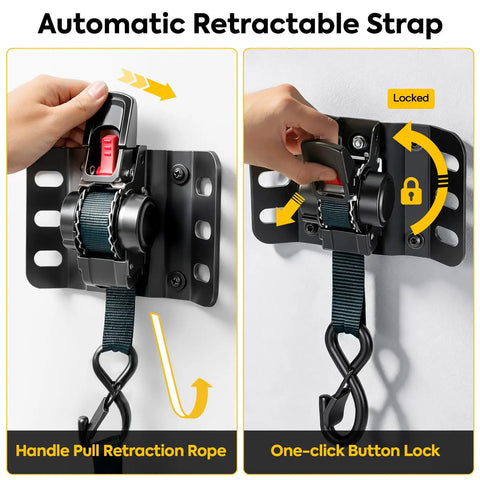 Automatic Retractable Strap showing handle pull retraction and one-click button lock for secure cargo handling.