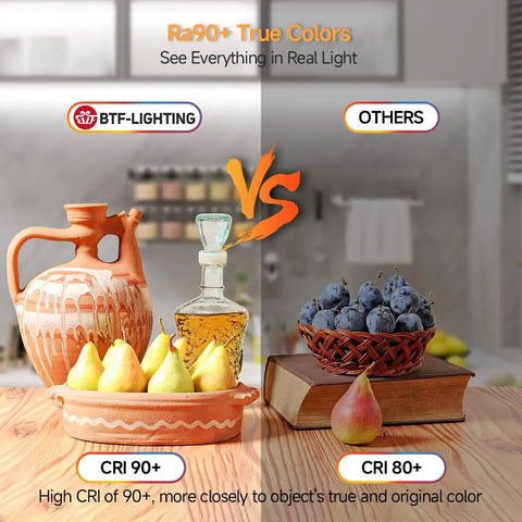 Comparison of BTF-LIGHTING CRI 90+ LED vs others on pottery and fruit with FCOB COB LED Strip Tunable 3000K To 6000K UL Listed