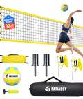 All In One Outdoor Volleyball Net Set For Backyard And Beach Fun, 32ft Regulation Size with poles, volleyball, pump, and carry bag.