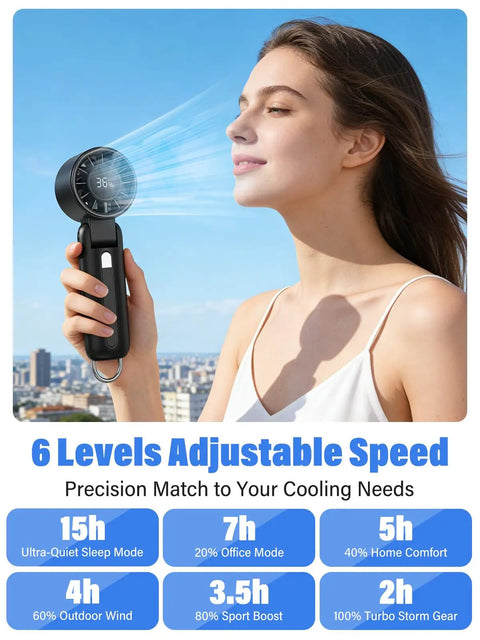 Person enjoying breeze from Turbo Handheld Personal Fan With 12,800 RPM Power, 7-Blade High-Speed Portable Mini Fan outdoors
