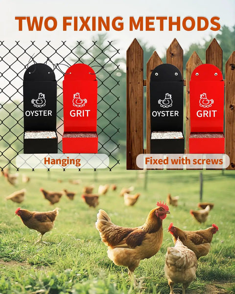 Heavy Duty Metal Chicken Oyster Shell And Grit Feeder With Smart Auto Dispenser showing two installation methods, hanging and fixed.