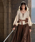 Clutch Vintage Renaissance Pirate Belt Set Featuring Ridiculously Handy Cell Phone Pouch Adjustable Drawstring Bag And Sturdy Skirt Hooks For Fire Cosplay Dramas And Night Out Rides, on a model with a sword.