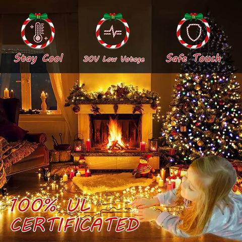 Outdoor Christmas Lights 105Ft 300 LED String Lights With 8 Modes End-To-End Plug UL Listed in cozy living room setup