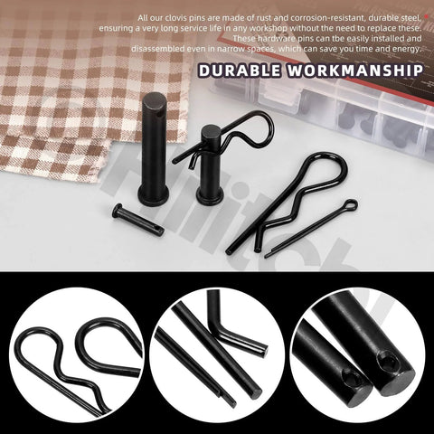100 Piece Clevis Pins Kit With 10 Sizes M5 M6 M8 M10 M12 Plus Cotter Pins And Hair Pins, zinc plated steel close-up view