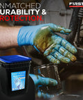 No Bull 8 Mil Nitrile Work Gloves In Blue Featuring Fully Textured Diamond Grip Surface Powder Free Design Engineered For Heavy Duty Industrial Auto And Shop Jobs Hella Durable Tight Grip Control 500 Count Large with a hand holding oily tools.