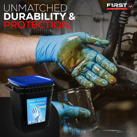 No Bull 8 Mil Nitrile Work Gloves In Blue Featuring Fully Textured Diamond Grip Surface Powder Free Design Engineered For Heavy Duty Industrial Auto And Shop Jobs Hella Durable Tight Grip Control 500 Count Large with a hand holding oily tools.