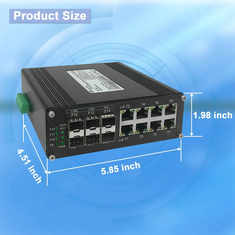 Industrial 14 Port Gigabit Ethernet Switch With Eight 10 100 1000T RJ45 Ports, Four 1G SFP Slots, And Two 10G SFP Plus Uplink Ports.