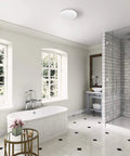 Modern bathroom with Saturn Decorative Bathroom Ventilation Exhaust Fan With Light 80 CFM installed on ceiling